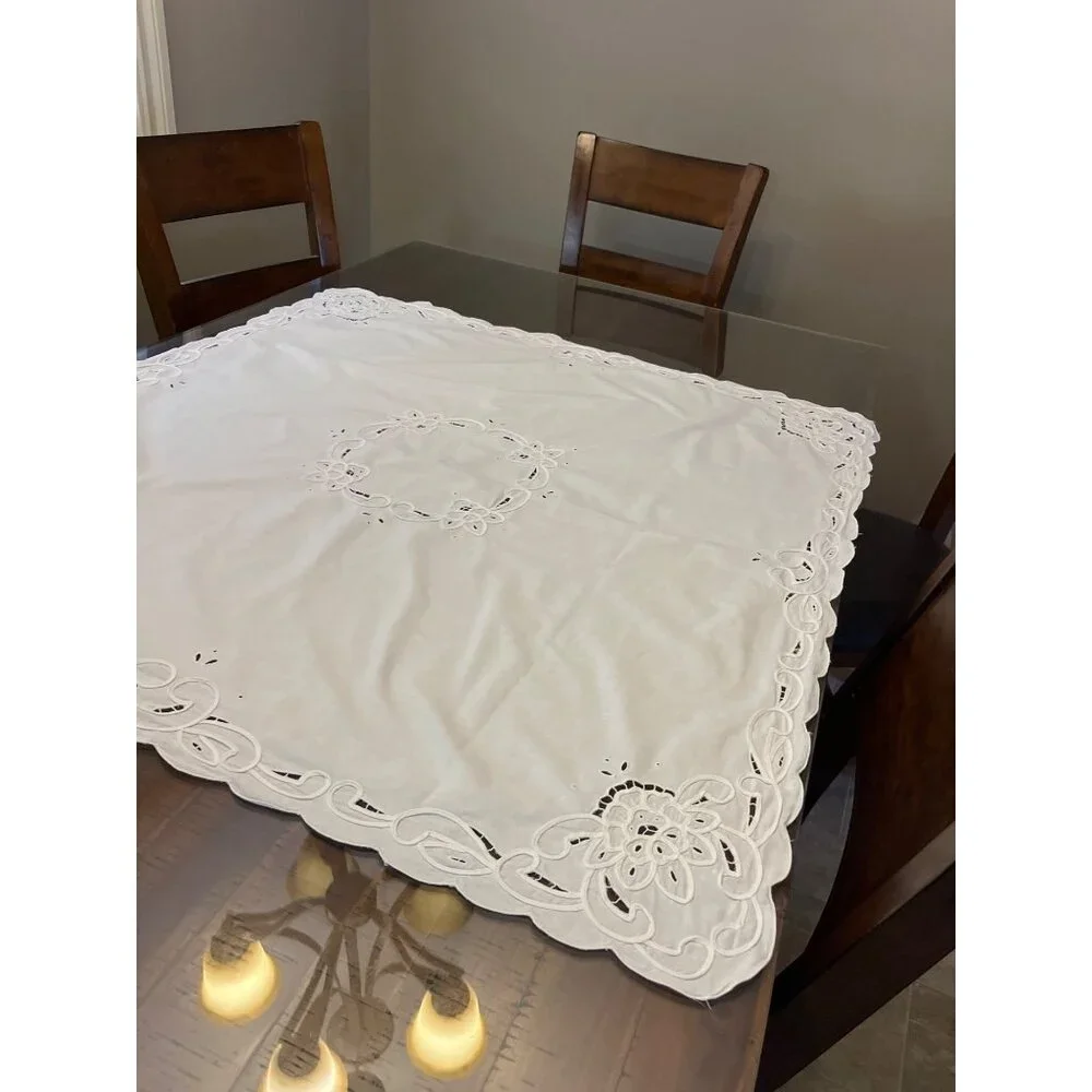 Vintage White Cutwork Embroidered Tablecloth Floral Linen Cotton Broderie Anglai